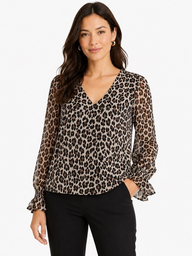 Vince Camuto Leopard Print Blouse Medium Ruffle Sleeve V Neck Sheer Career Top