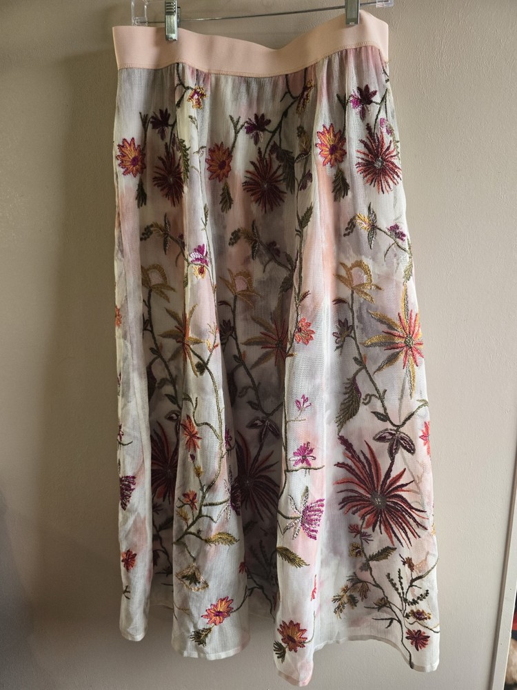 Women's Soft Surroundings Lined Floral Embroidered Maxi Elastic Waist Skirt Sz L