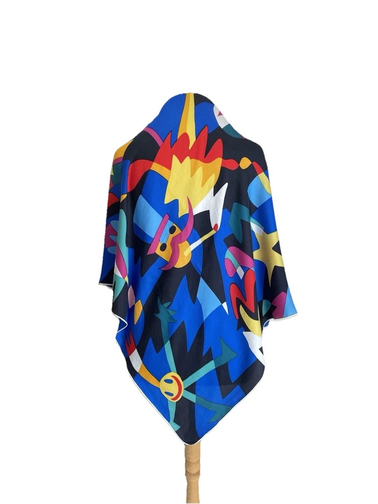 Vintage 100% Silk Scarf Abstract Colorful Graphic Print Blue Multicolor #A31-image