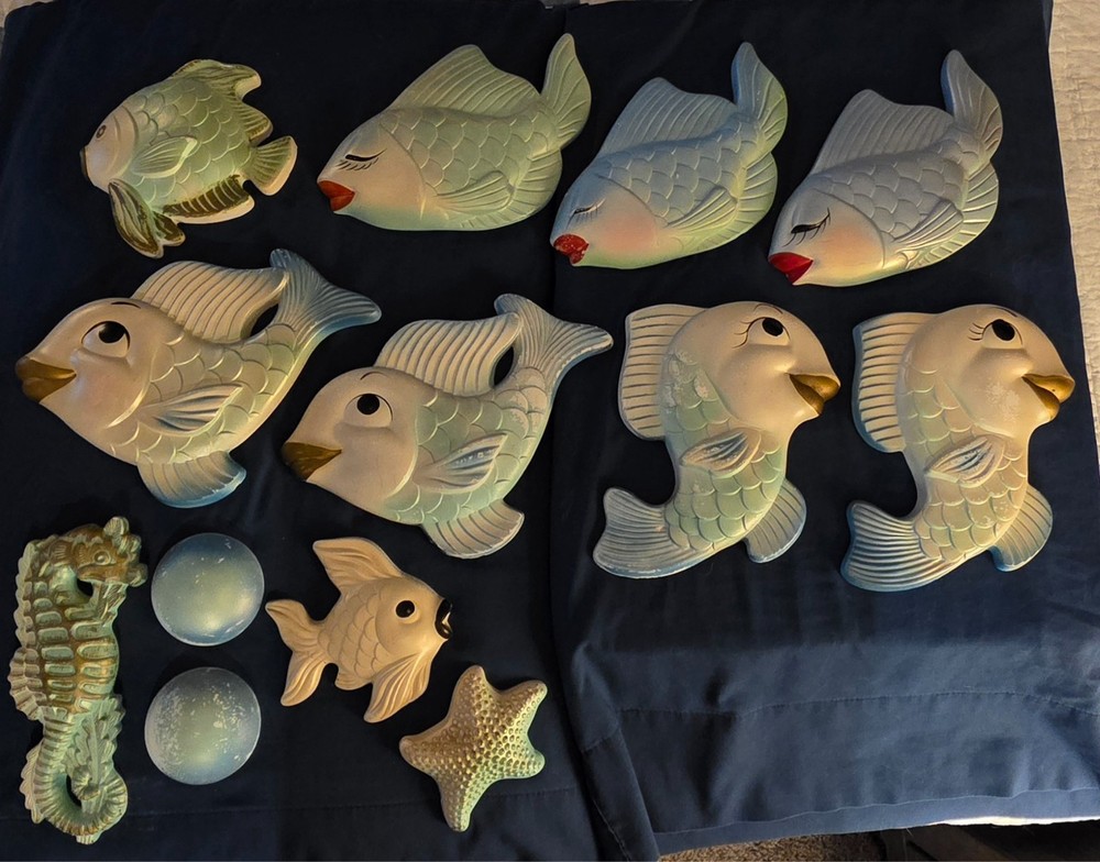1960's 13-piece Plaster Chalkware Fish/Sealife Bathroom Decor-100% for Charity