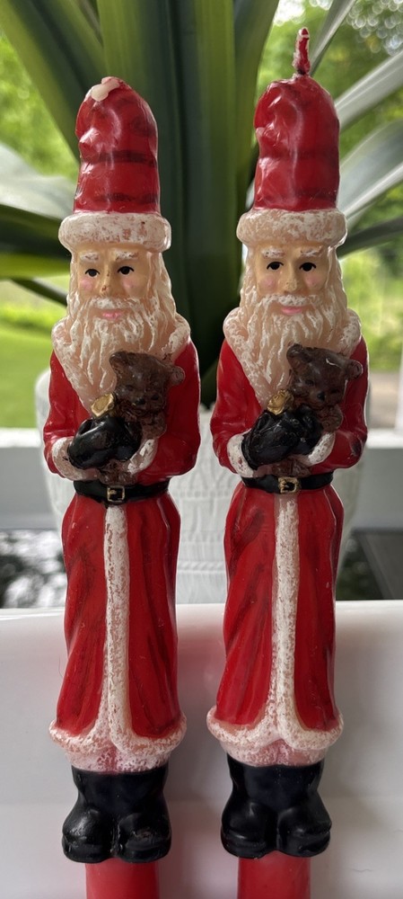 Set of 2 Vintage Santa with Teddy Bear Candlesticks Christmas Decor Holiday Gift