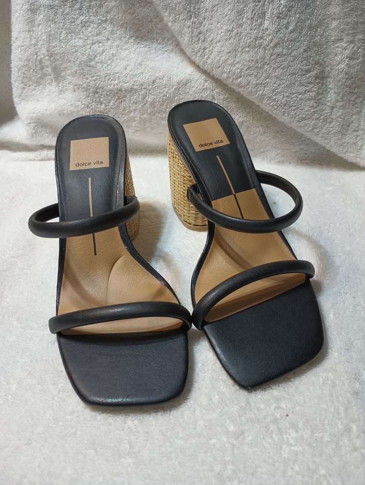 DOLCE VITA Black Leather/Straw Heels Slip On Sandals Women’s Size 7