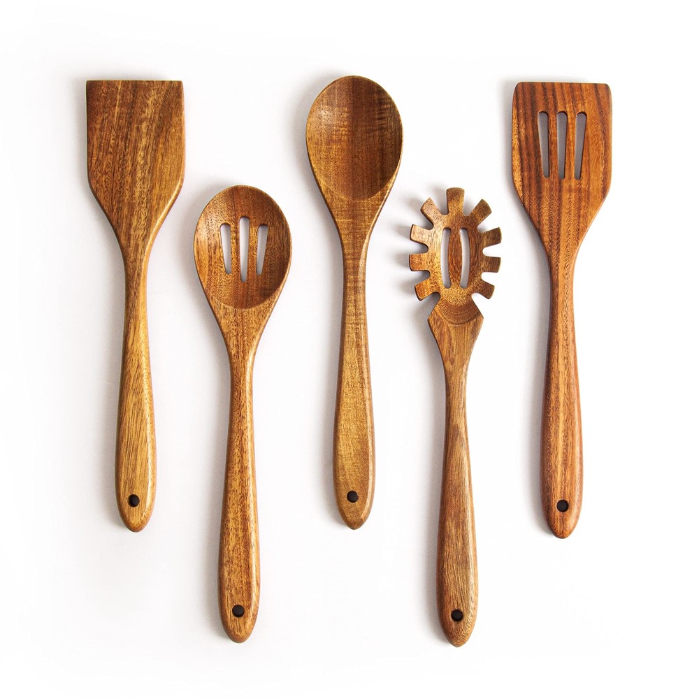 Acacia Wooden Spoons for Cooking: 5-Piece Kitchen & Cooking Utensils Set - Wo...-image