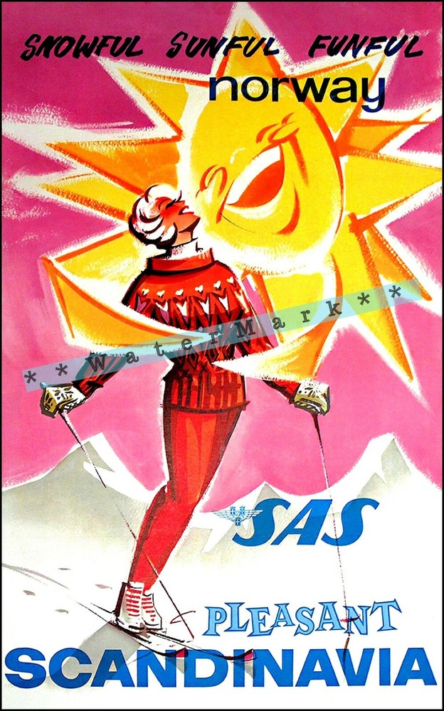 Vintage 1960 Norway Travel Poster Retro Scandinavian Art Print  