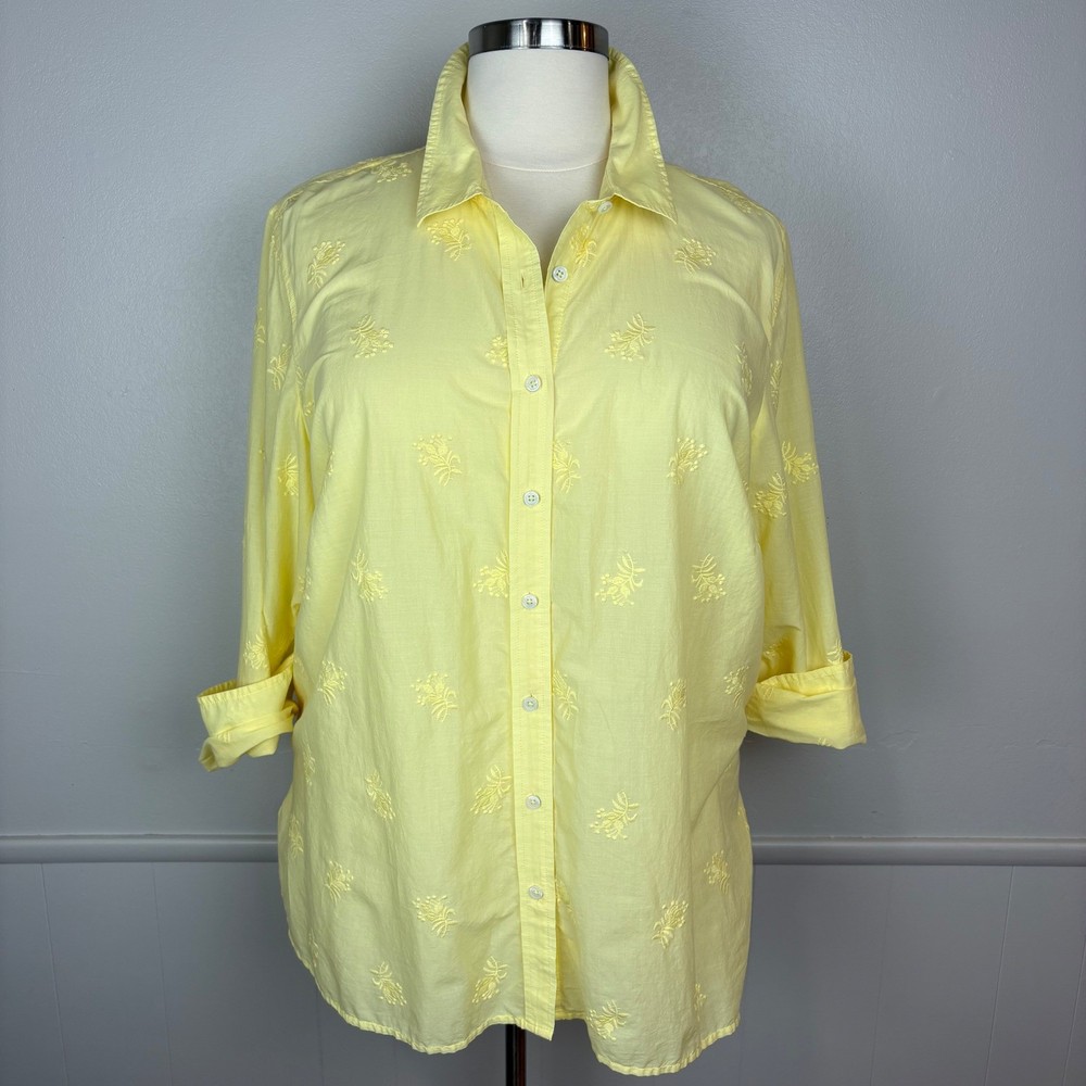 Talbots Button Up Shirt Size 3X Yellow Embroidered Floral Long Sleeve Cotton