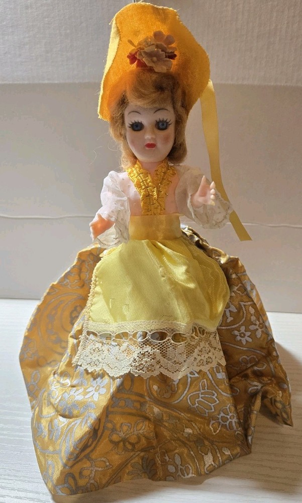 Vintage Sleepy Blue Eyes Doll Blonde Hair Yellow Hat & Floral Dress 8