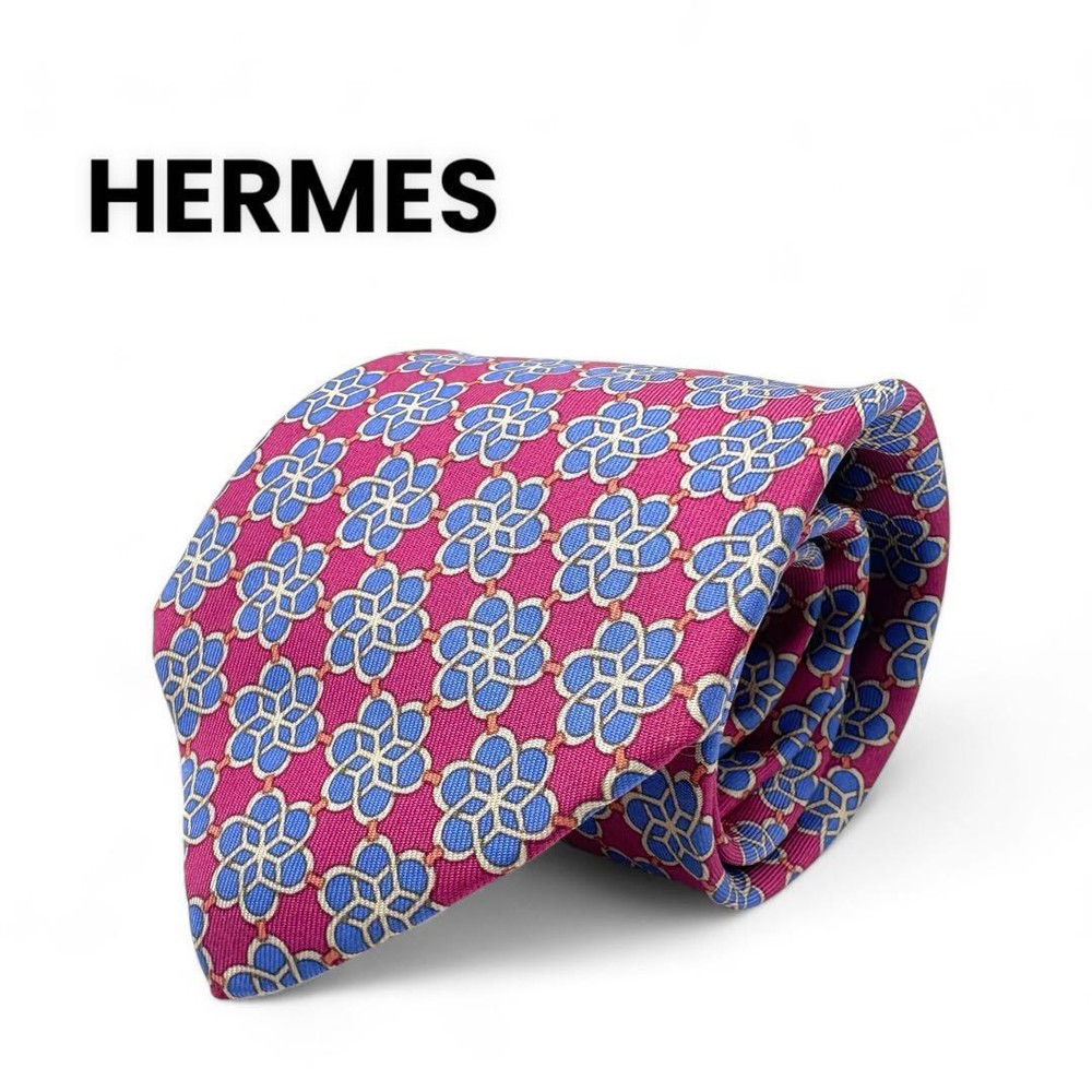 Hermes Silk Tie Purple Flower Print 8cm Wide Excellent Condition