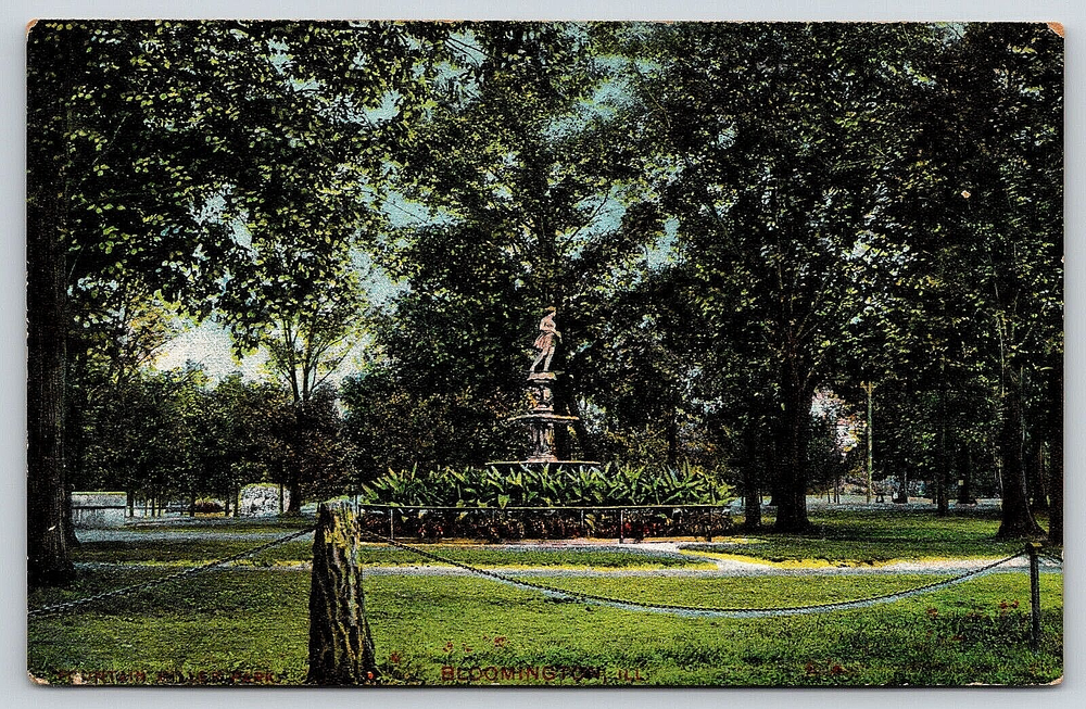 Vintage Postcard Antique Water Fountain Statue Miller Park Bloomington Illinois