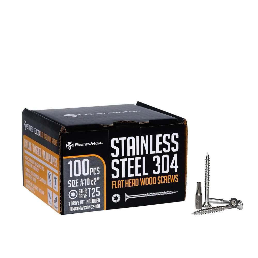 Fastenmon 10x2 Inch 304 Stainless Steel Wood Screws 100-Piece Pack 1 Lb
