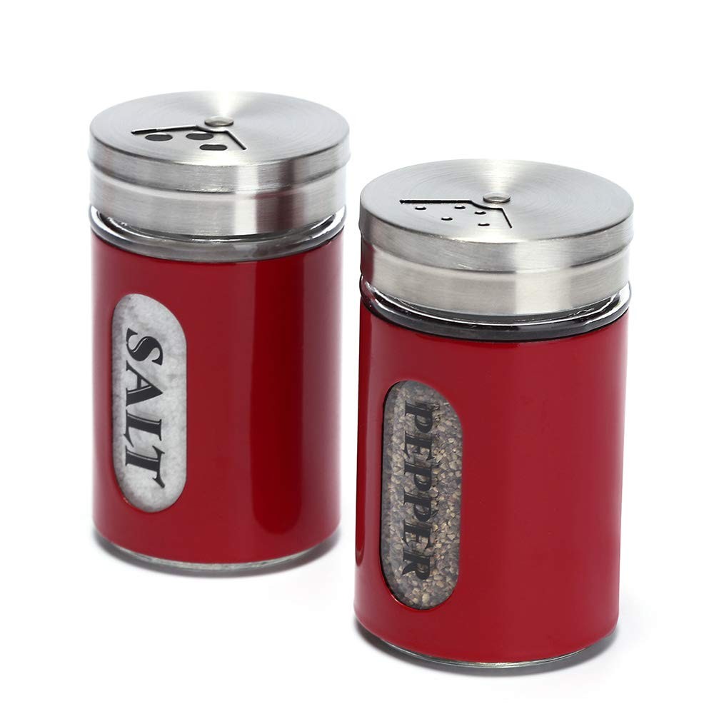 Salt and Pepper Shakers Stainless Steel and Glass Set with Adjustable Pour Ho...