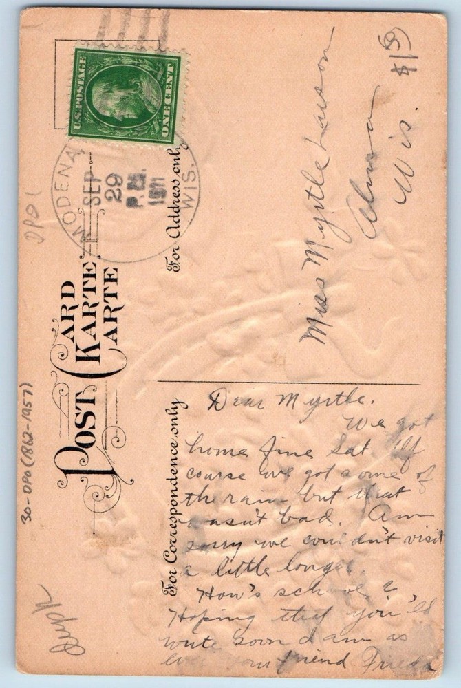 DPO (1862-1957) Modena WI Postcard Best Wishes Dove Bird Horseshoe Flowers 1911