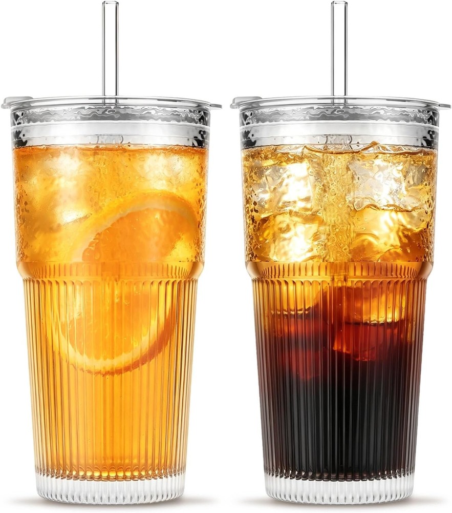 20oz Glass Tumblers W/ Lids & Straws Set of 2 Stylish Ribbed Design Drinking