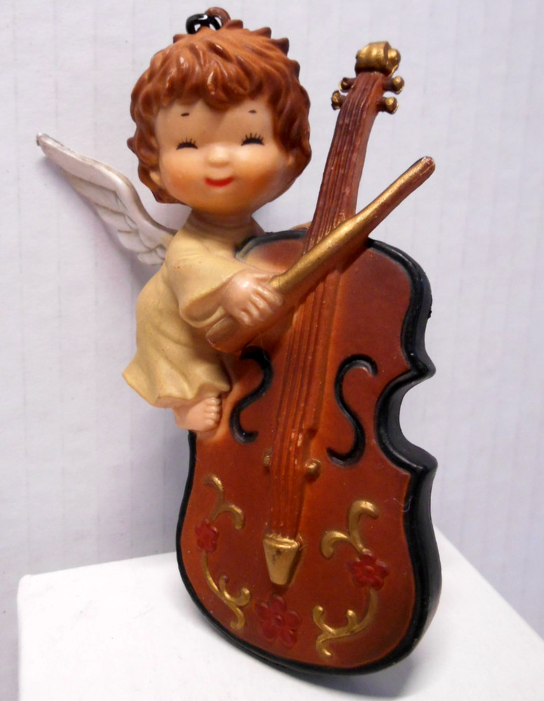 Vintage Christmas Ornament Musical ANGEL & CELLO Plastic Hong Kong 1960s