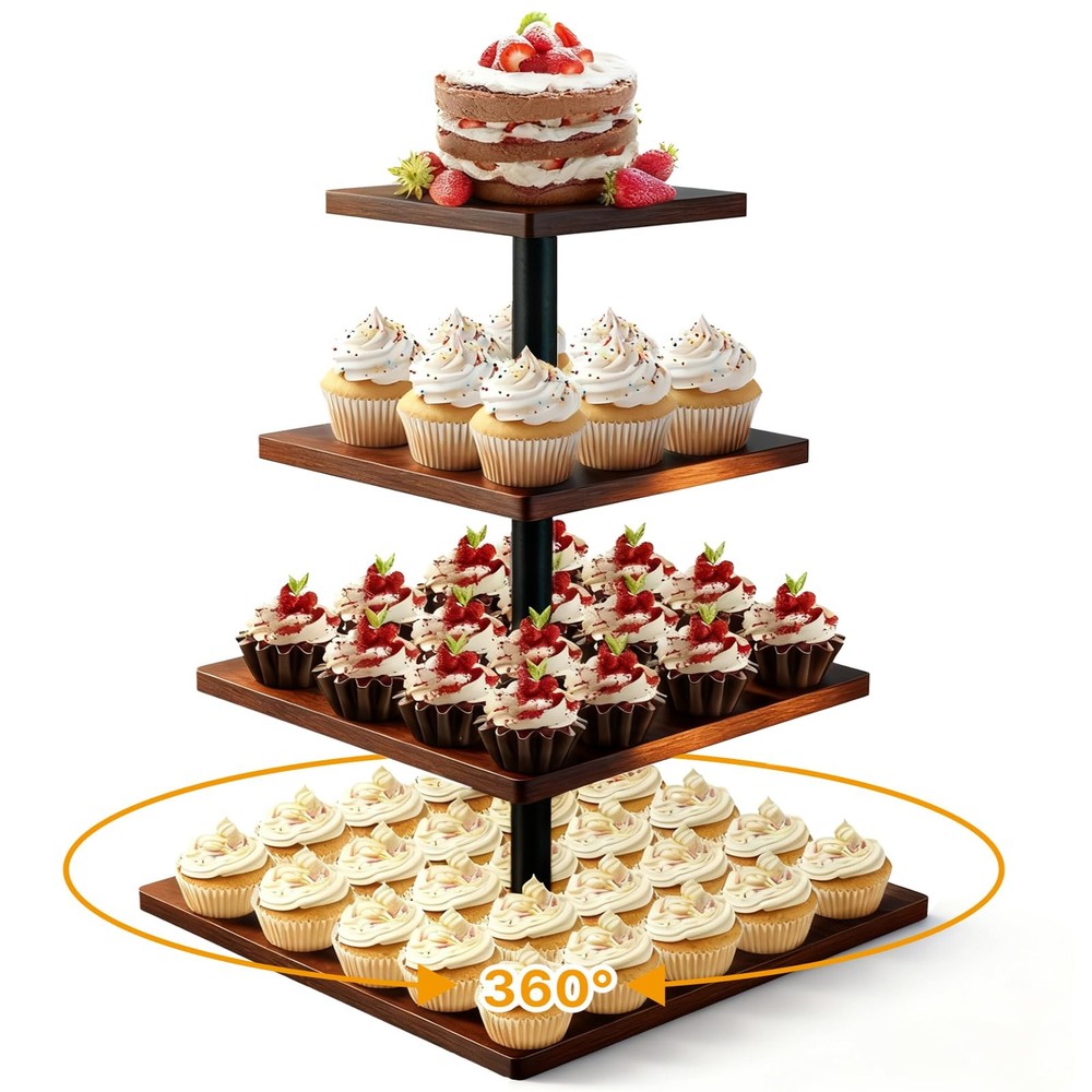 4 Tier Cupcake Stand for 50 Cupcakes,360 Rotatable Wooden Cake Dessert Tower ...