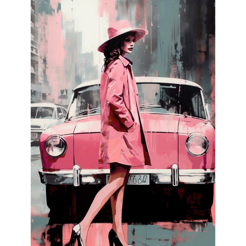 Woman and Classic Car Retro Pink Aesthetic Huge Wall Art Poster Print Giant