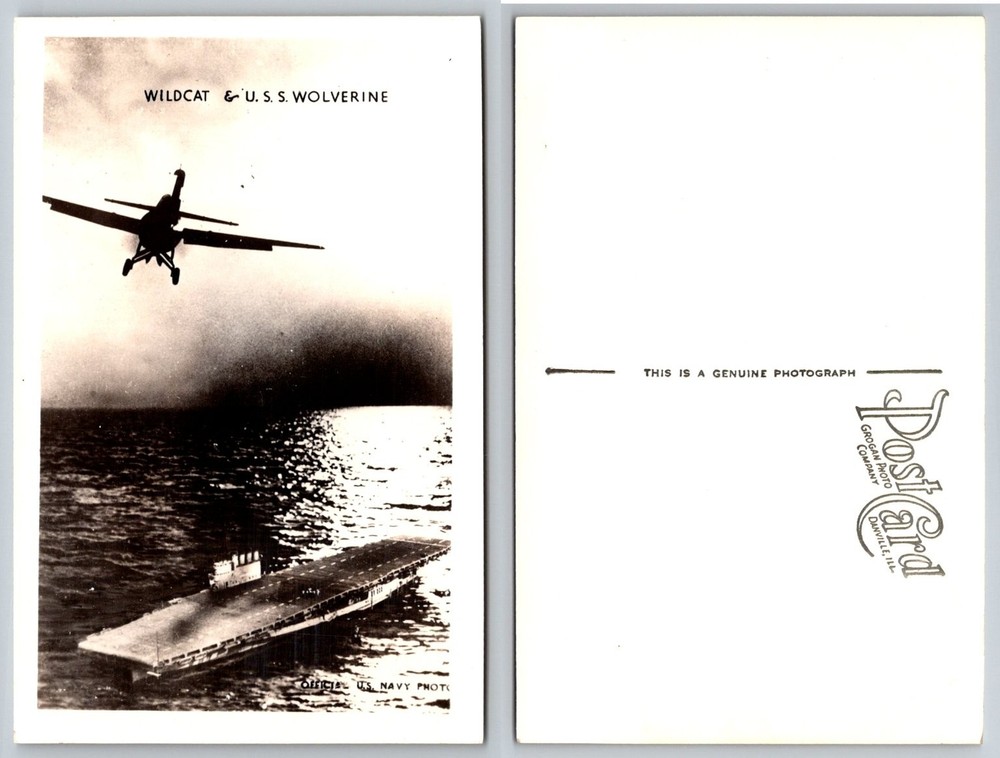 WWII Wildcat & USS Wolverine Aircraft Carrier RPPC Grogan Photo US Navy