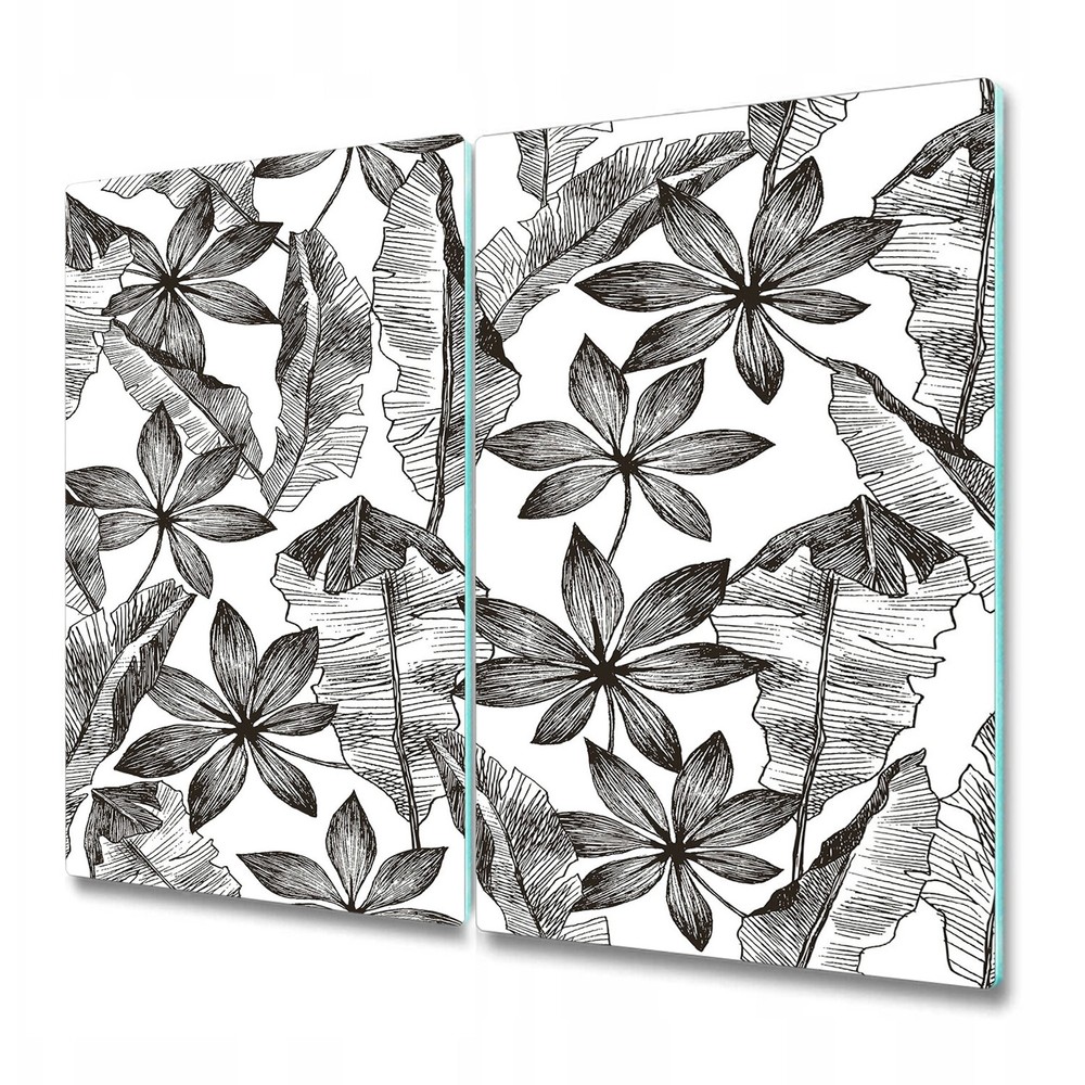 Glass Worktop Kitchen Chopping Board Sketched tropical leaves black and white