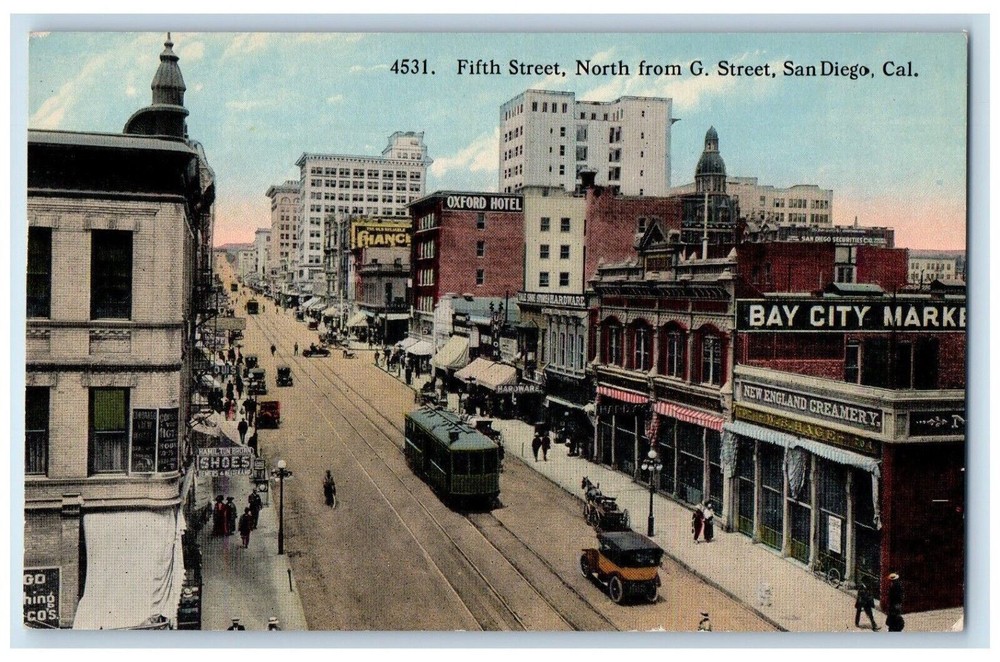 c1910 Fifth Street North From G Streetcar San Diego California Vintage Postcard