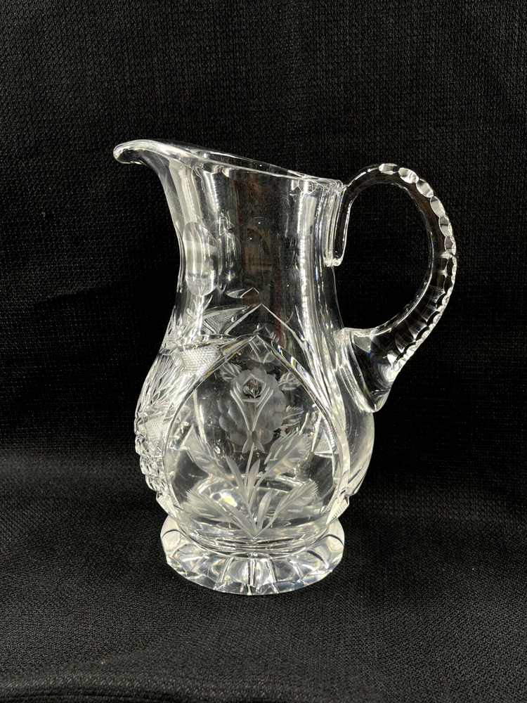 Vintage Cut Crystal Glass Pineapple Pitcher with Floral Design and Applied Handle  