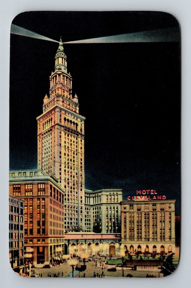 Cleveland, OH-Ohio, Terminal Tower Hotel Cleveland Night Lights Vintage Postcard