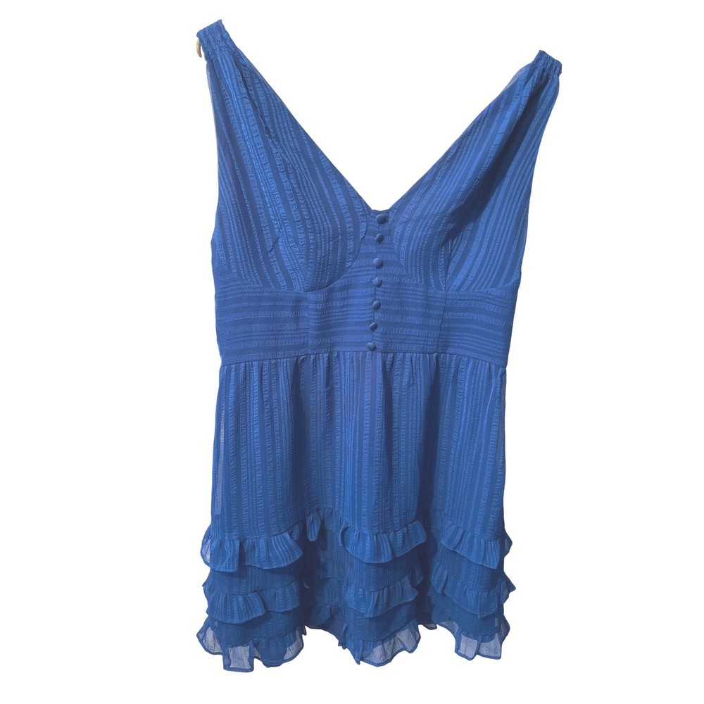 Betsey Johnson LG Blue Ruffle Sleeveless V-Neck Mini Dress Tunic Top Flowy
