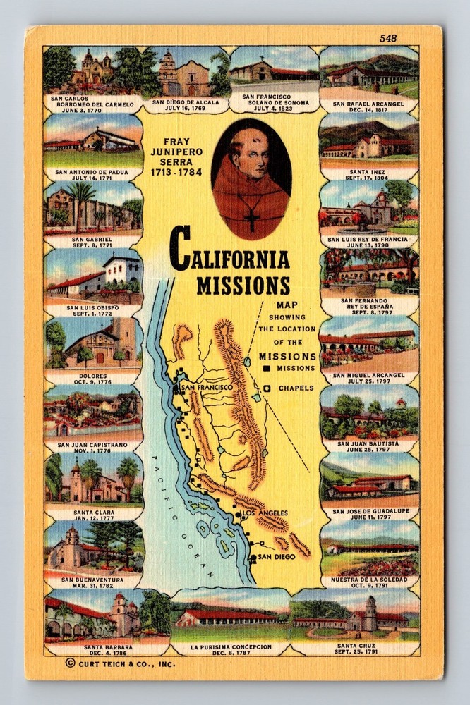 CA-California Missions Map Landmarks Vintage Postcard Standard Souvenir Postal