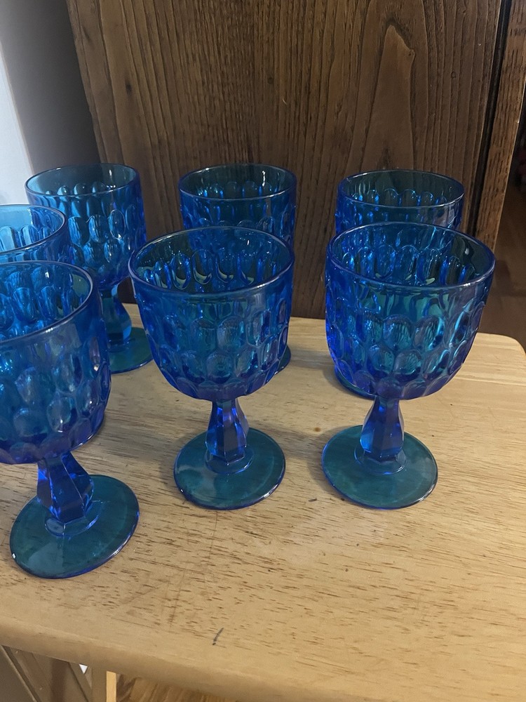 Vintage Fenton Royal Blue Thumbprint Goblet Set of 7 - 6.5