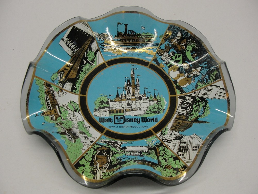 Vintage Walt Disney World Magic Kingdom Glass Candy Dish Ashtray Souvenir