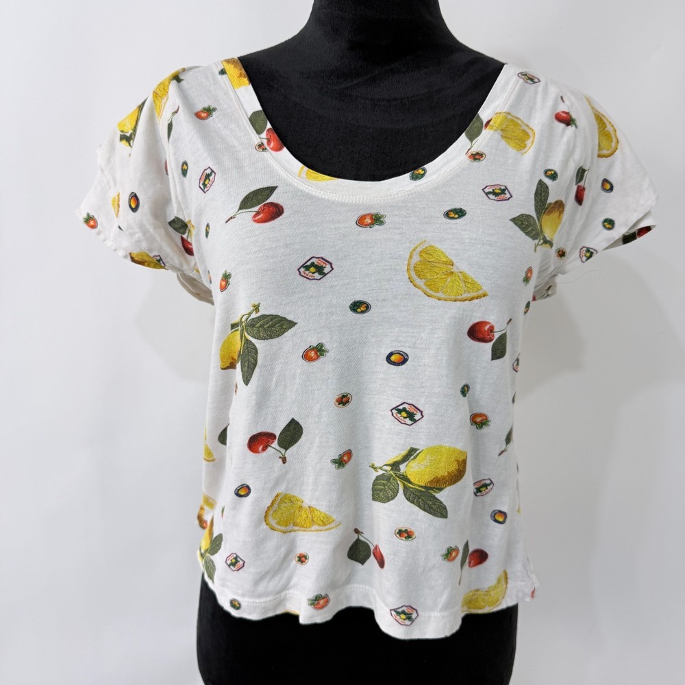 Maeve Fruit Lemon Cherry Print Short Sleeve Top Size S Whimsical Summer Picnic