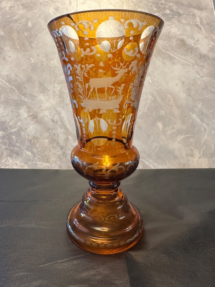 Amber Egermann Czech Republic Glass Etched to Clear Cut Vase 7.5 in tall Vintage