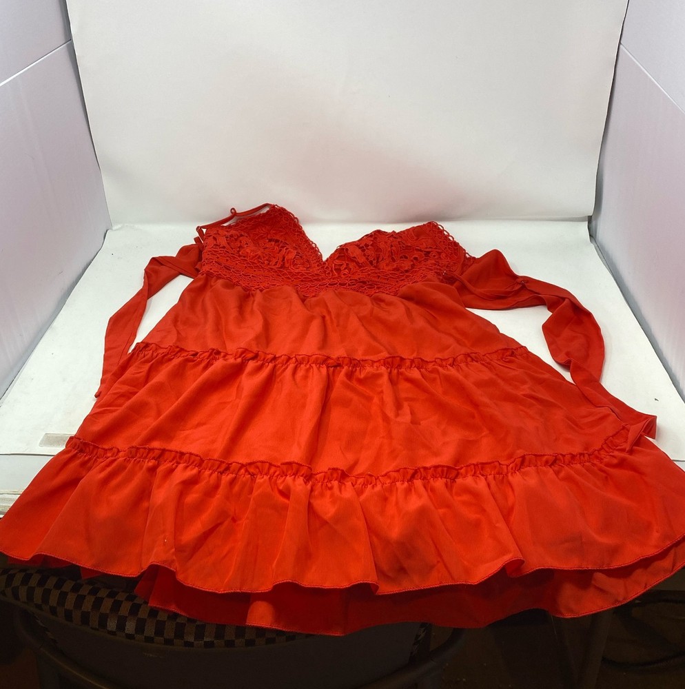 ECOWISH Red Lace V-Neck Spaghetti Strap Backless Mini Skater Dress - Women’s M