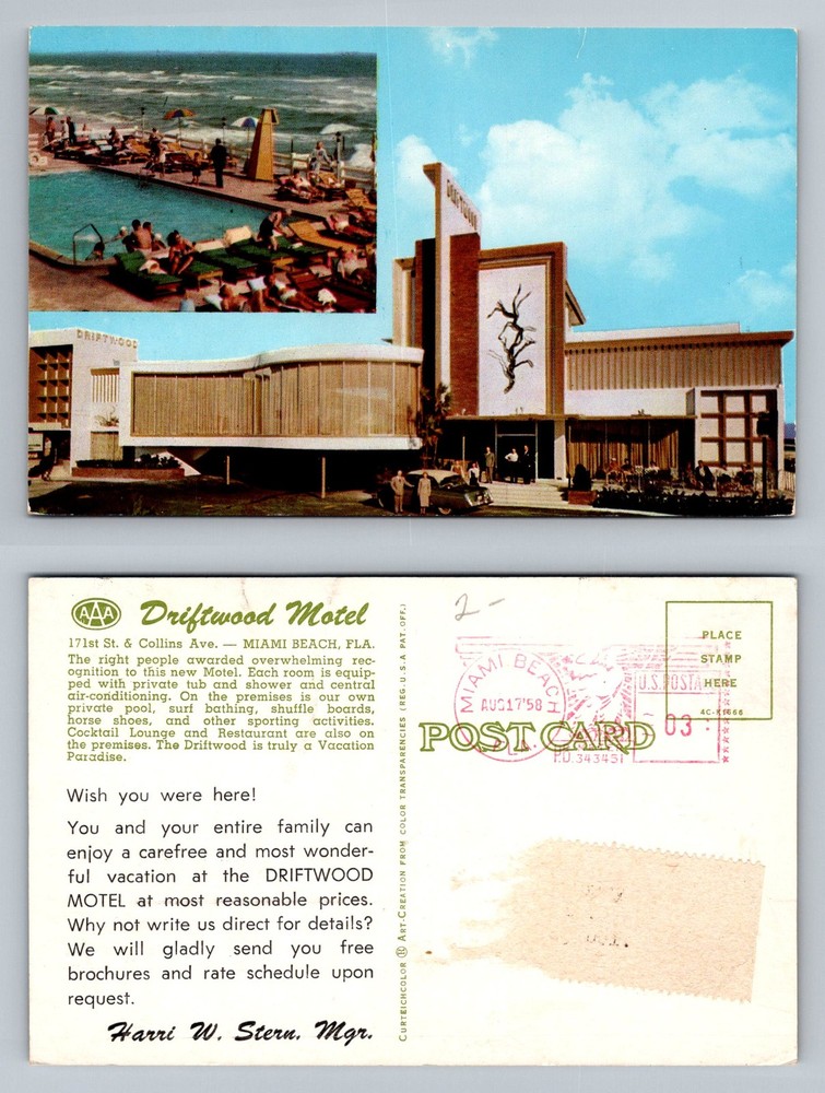 Miami Beach, FL-Florida, Driftwood Motel Pool Ocean View Vintage c1958 Postcard
