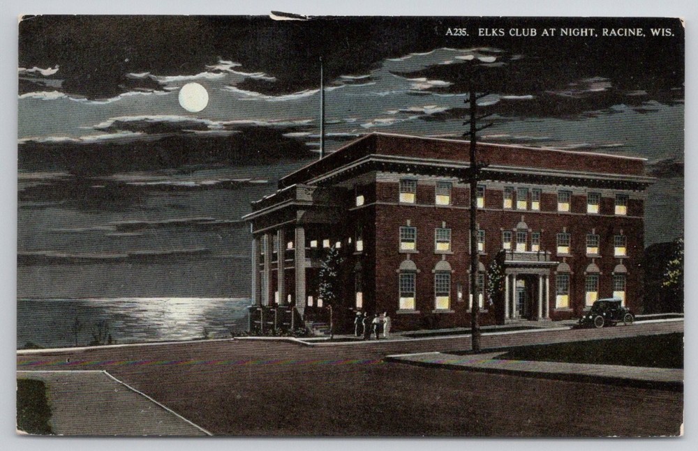 Elks Club at Night Racine WI Vintage Linen Postcard E.A. Bishop