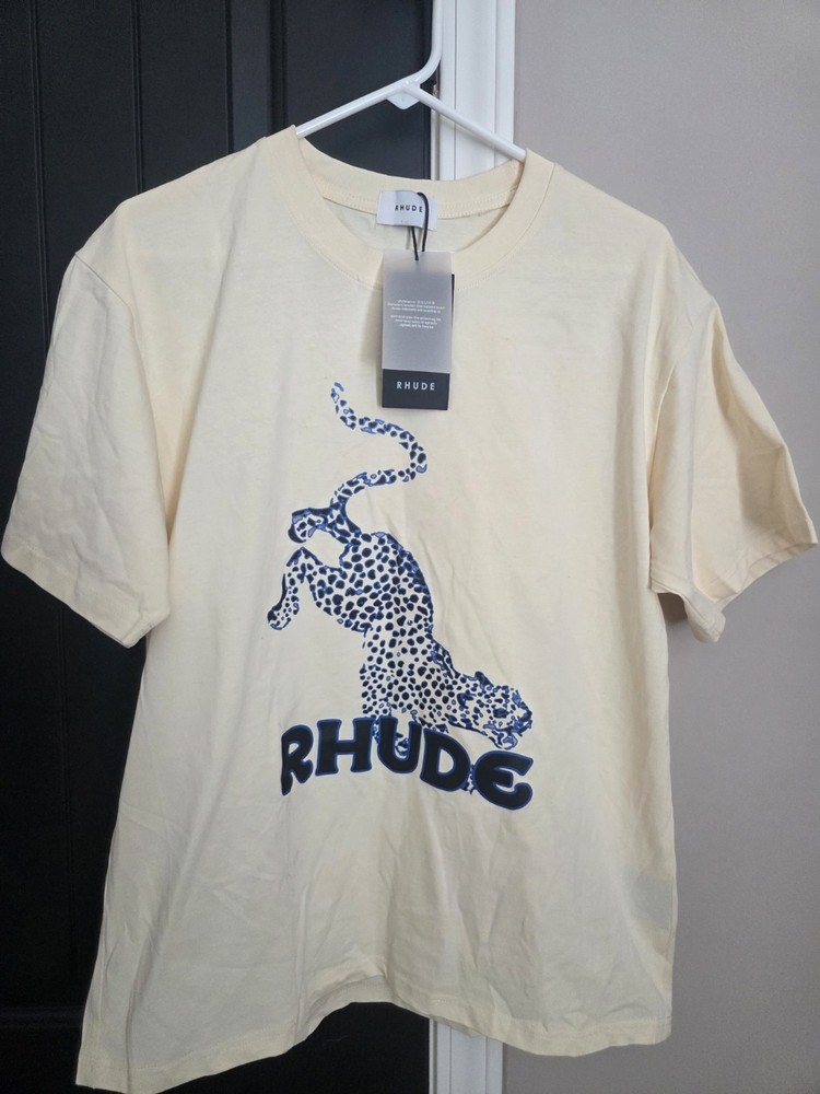 Rhude Leopard Logo T Shirt Cream Mens Small Made In USA NWT Designer