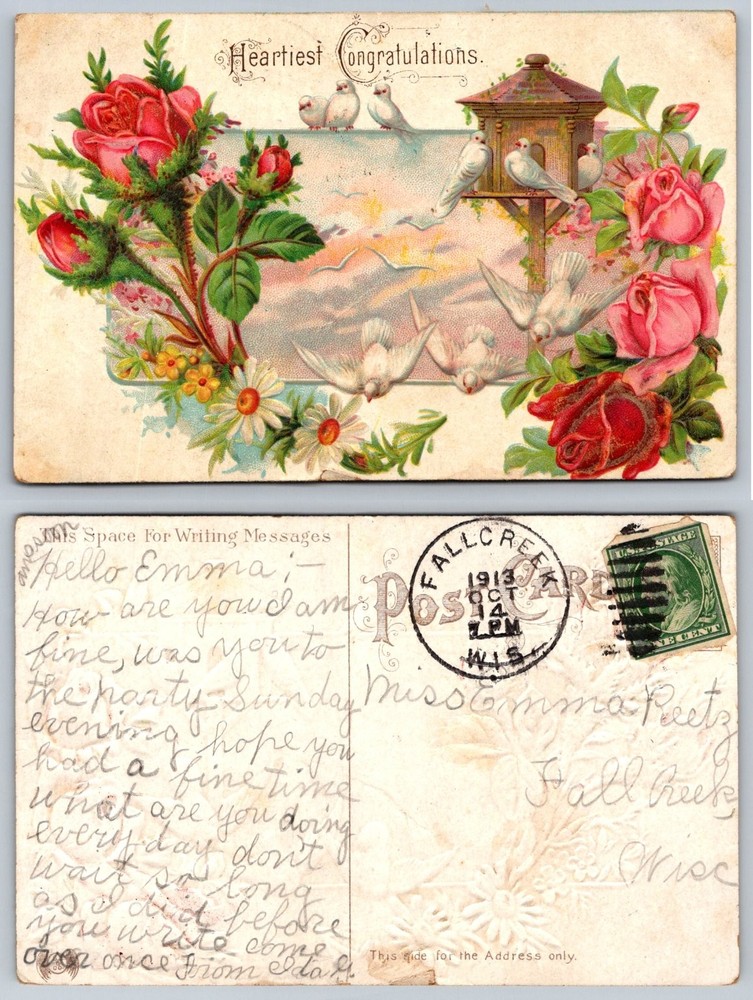 1913 Fall Creek WI Congratulations Postcard Doves Roses Embossed Posted