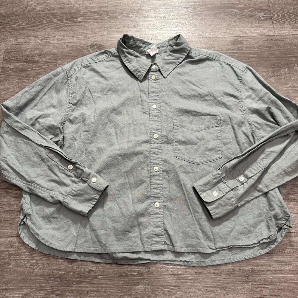 Gap Shirt Womens XL Gray Linen Blend The Big Shirt Button Up Cropped Pocket