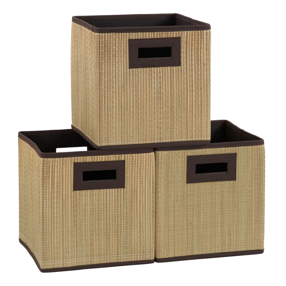 3 pk. Premium Fabric Storage Cubes | Grass Cloth Wicker Bin, Brown, 3 Count