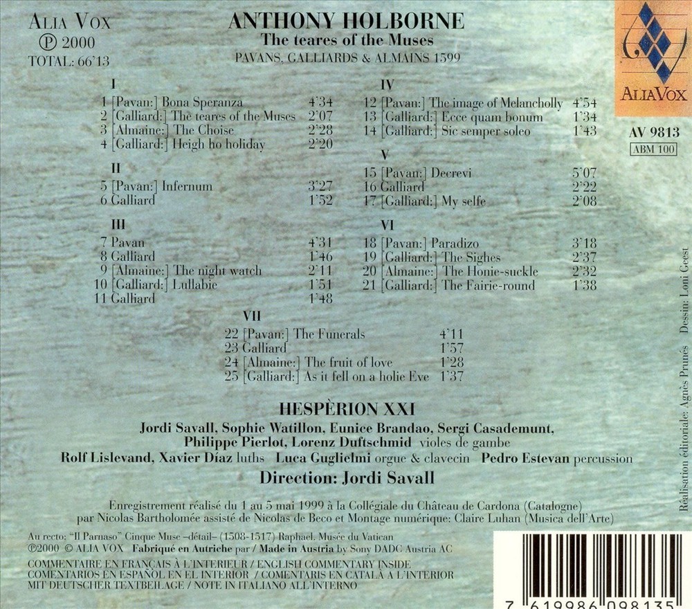 Hespèrion Xxi / Jordi Savall Anthony Holborne: The Teares Of The Muses New Cd