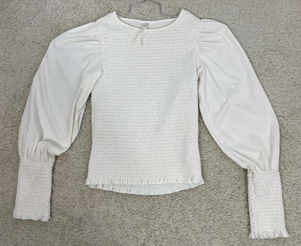 Anthropologie Smocked Puff Sleeve Ivory Cream Top Blouse Size S Boho Bodycon