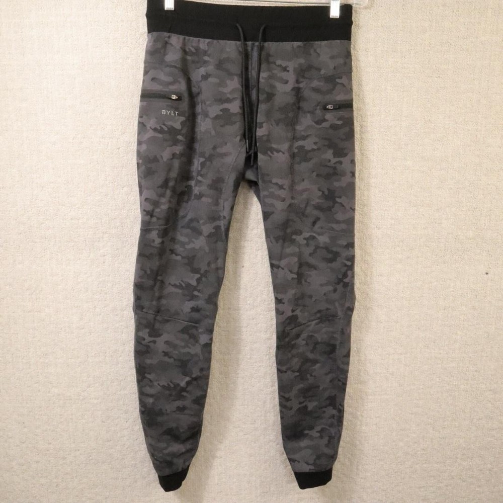 BYLT Jogger Pants Mens Medium Gray Camo Knit Stretch Zip Pocket Athletic