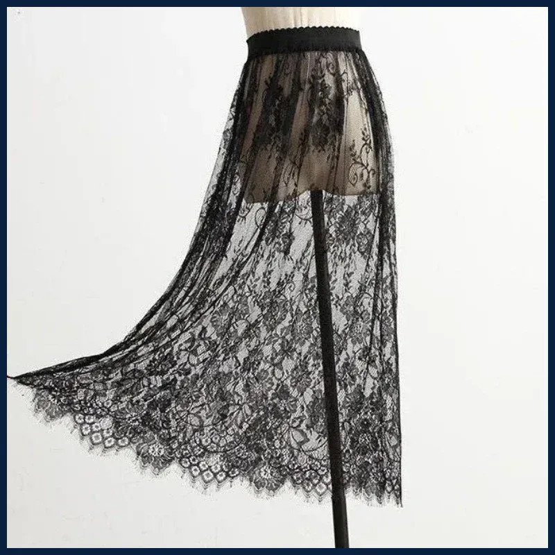 Transparent Sexy Lace Mesh Skirt Elastic High Waist Black White Tulle  Mini