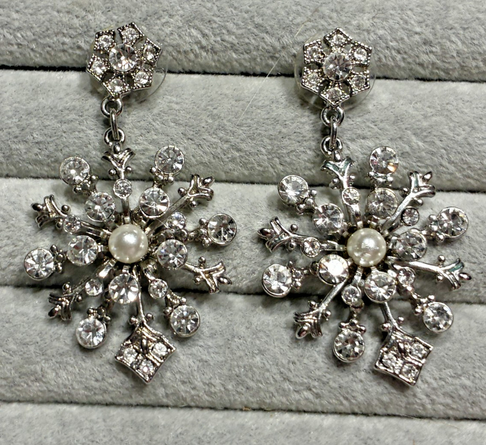 Chunky Pierced Dangling Nolan Miller Snowflake Rhinestone Earrings QVC
