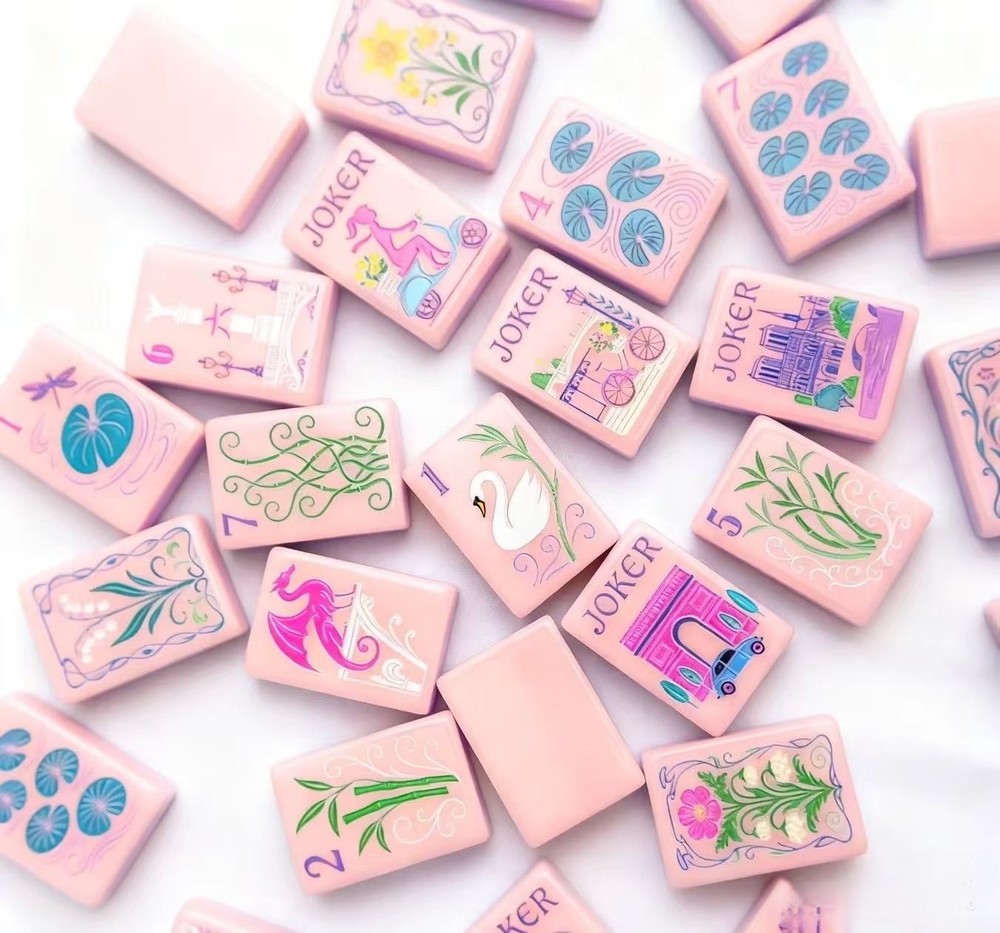 Candy Pink American Mahjong Set Floral & Architecture Pattern Acrylic Tiles Cute