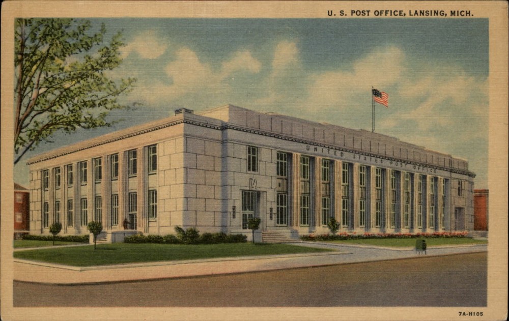 Michigan Lansing Post Office mailbox ~ 1930s linen postcard sku519