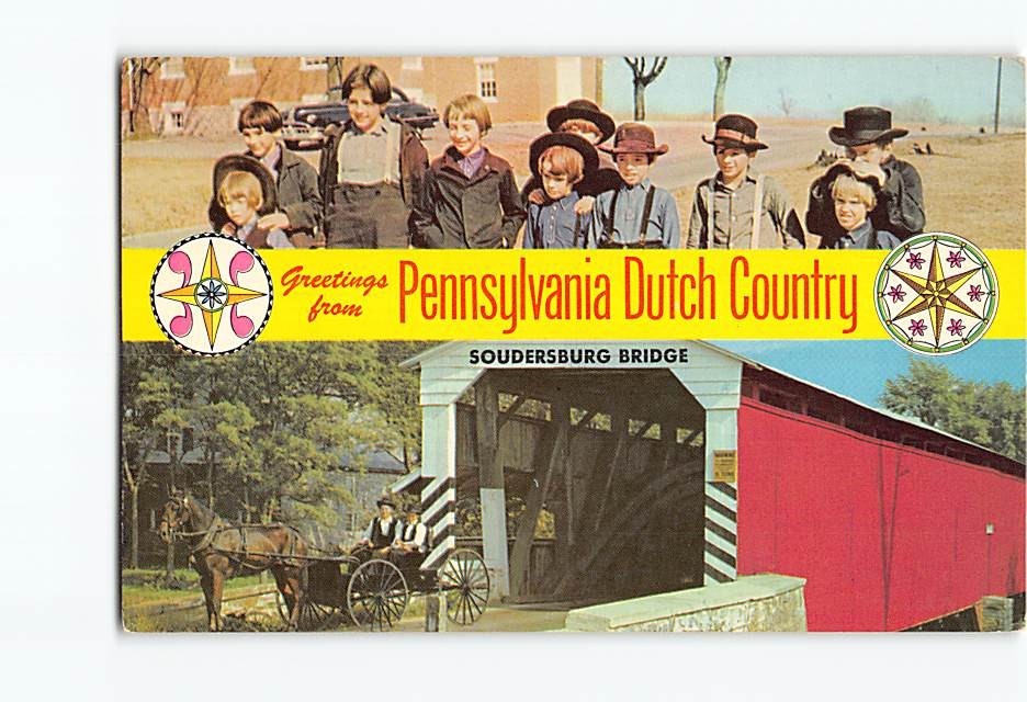 Postcard Pennsylvania Dutch Country Soudersburg Covered Bridge Amish Buggy Hex S