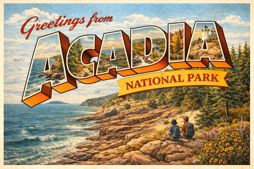 Greetings From Acadia National Park Maine MODERN Vintage-inspired Postcard D48-image