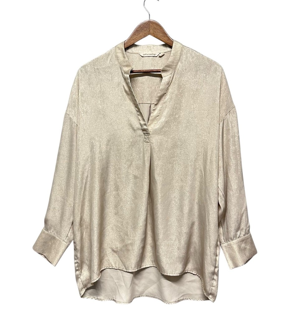 Soft Surroundings Metallic Gold Satin Women Tunic Top Size M Holiday Casual Chic