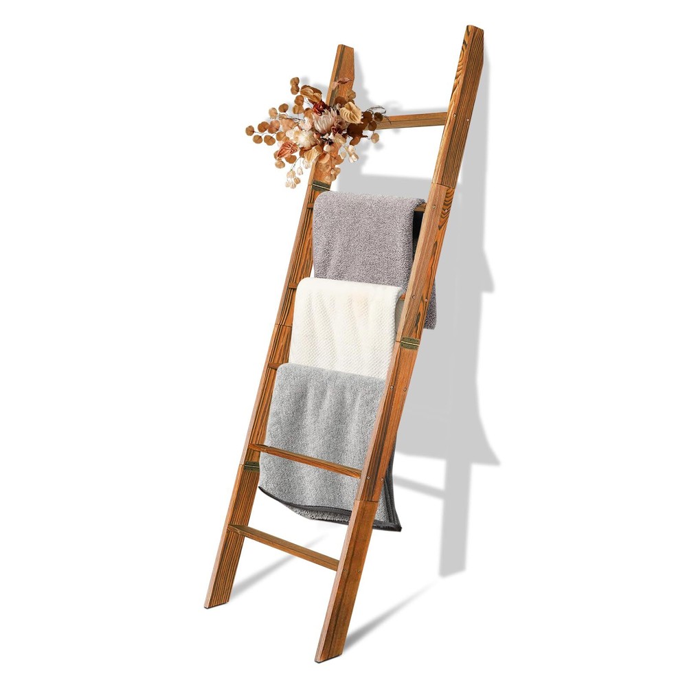 6-Tier Blanket Ladder Wooden,100% Pine,Towel Holder Rack with Anti-Slip Const...