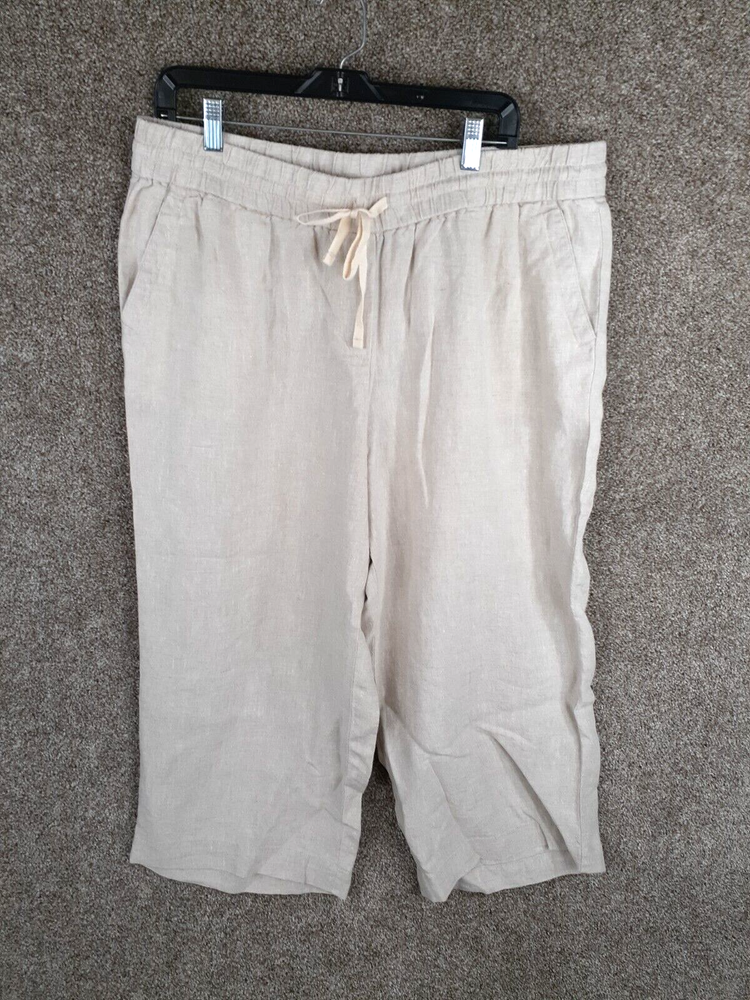 Talbots 100% Linen Crop Pant 1X Plus Beige Flax Drawstring Waist High Rise NWT