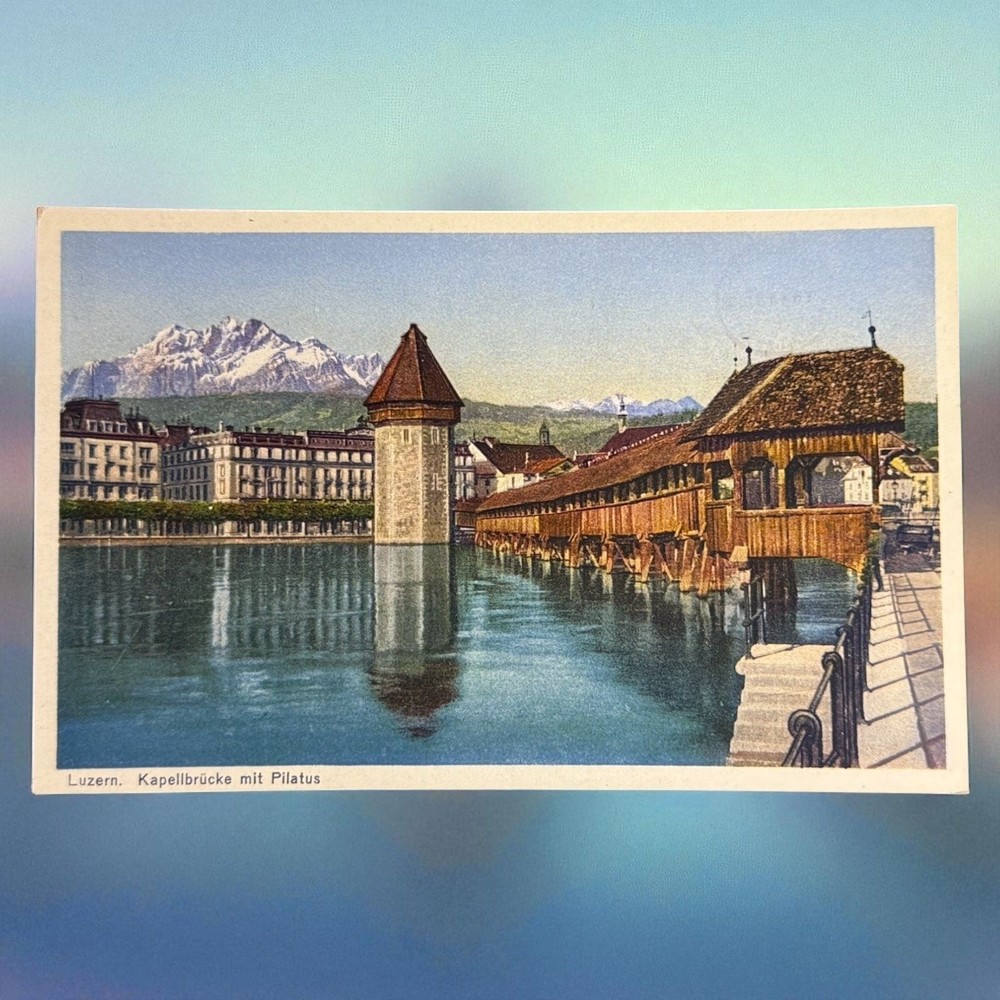 Vintage Postcard Lucerne Switzerland Kapellbrücke Mt Pilatus Water Tower Bridge